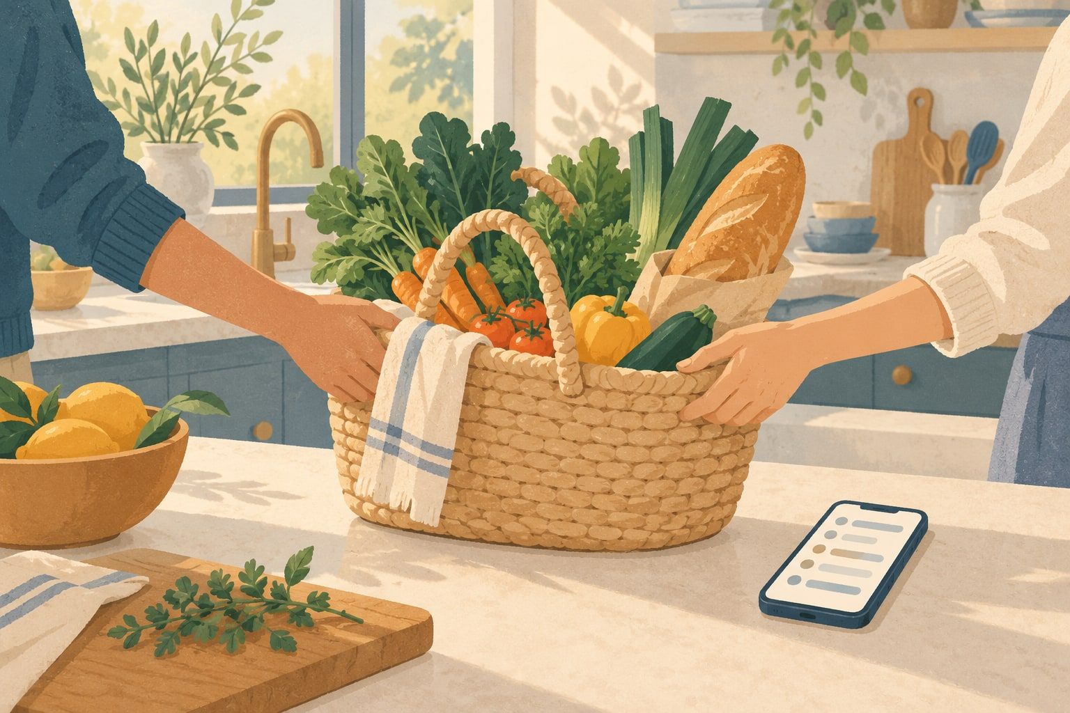 野菜とパンの入ったかごを二人で受け渡し、そばに買い物リストを表示したスマホがあるイラスト